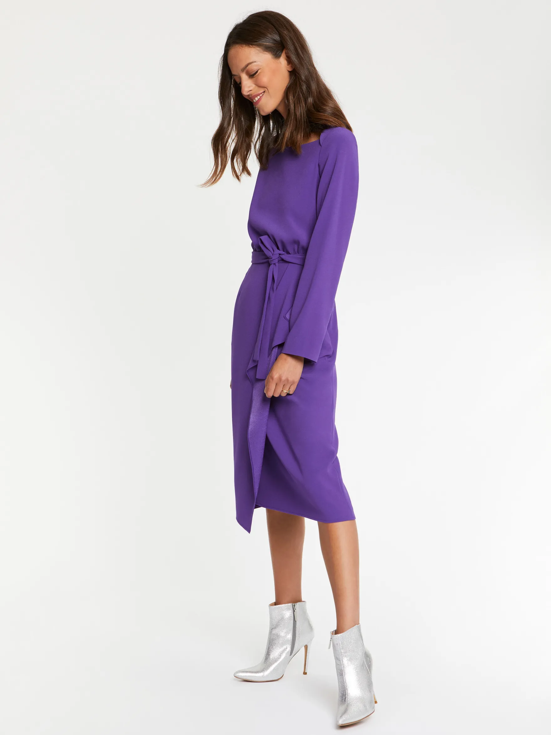 Women Paule Ka Dresses>Belted Satin-Back Crepe Midi Dress