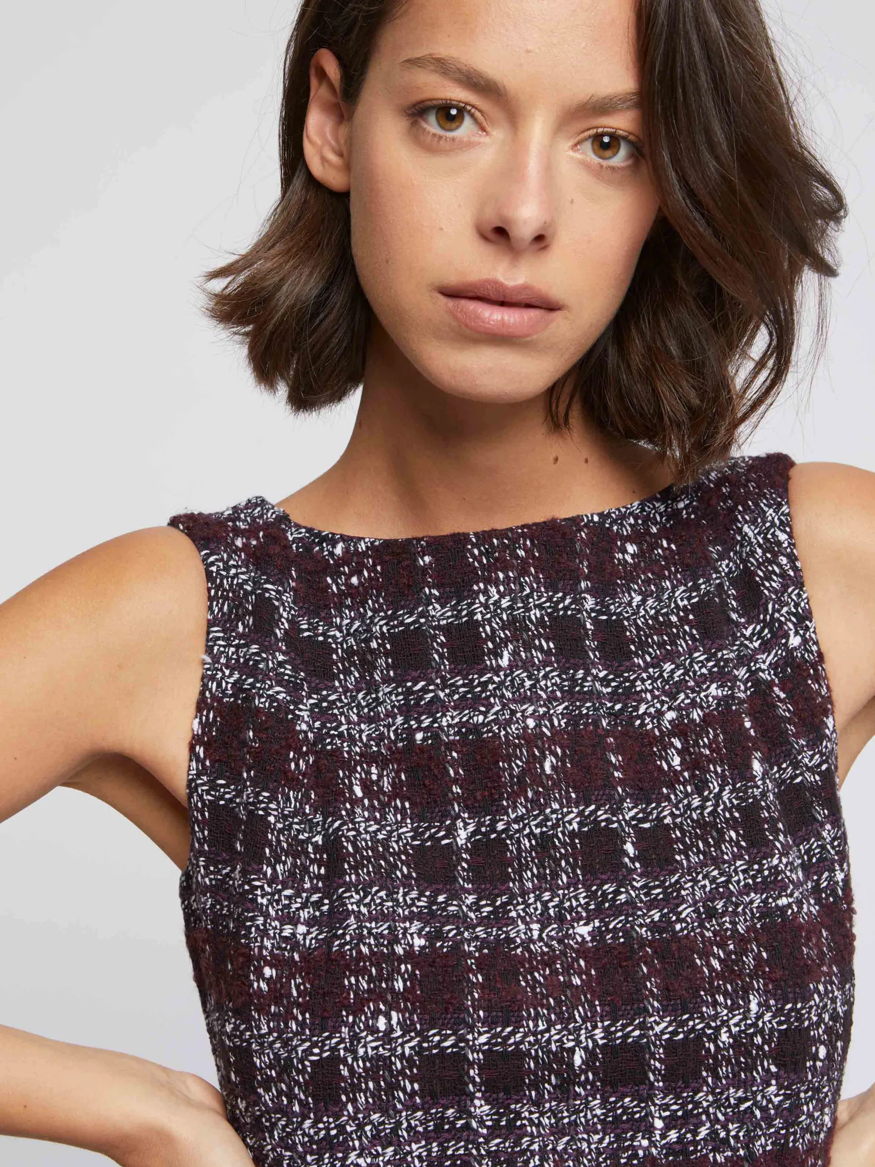 Women Paule Ka Dresses>Burgundy Tweed Shift Dress