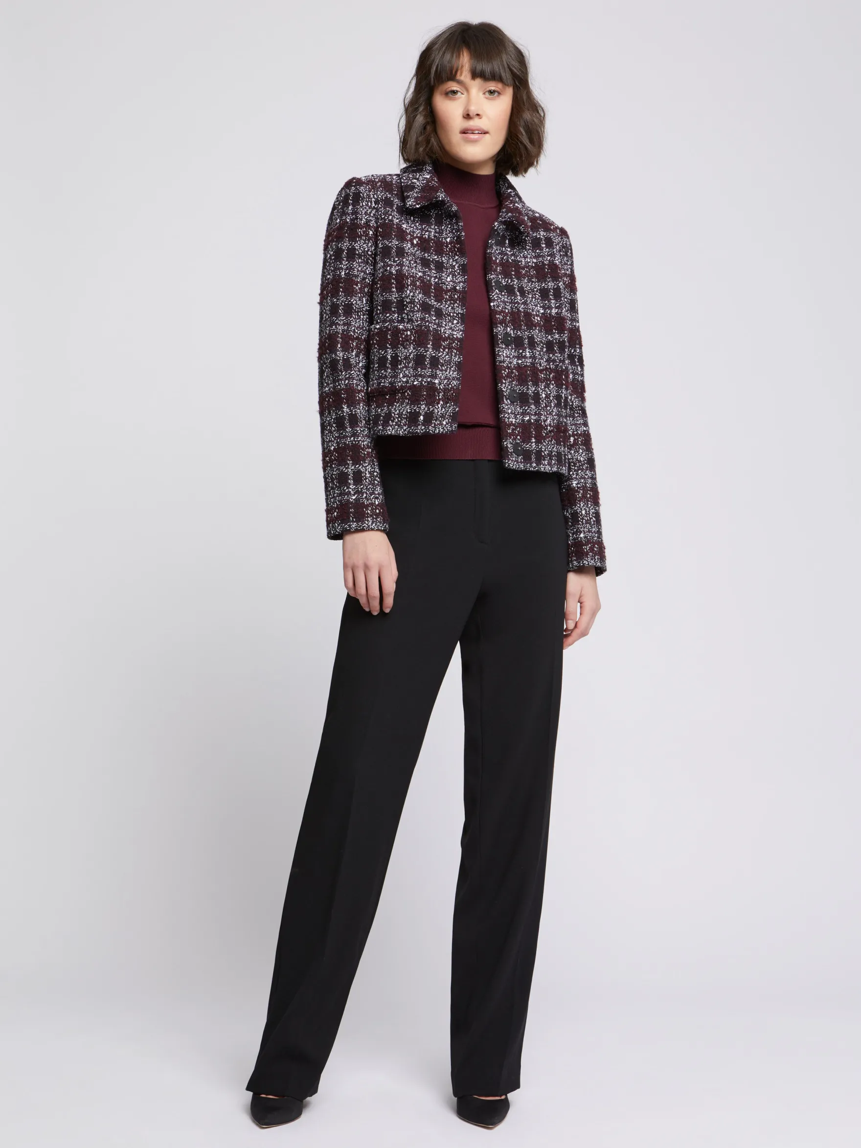 Women Paule Ka Jackets>Cropped Burgundy Tweed Jacket With Collar