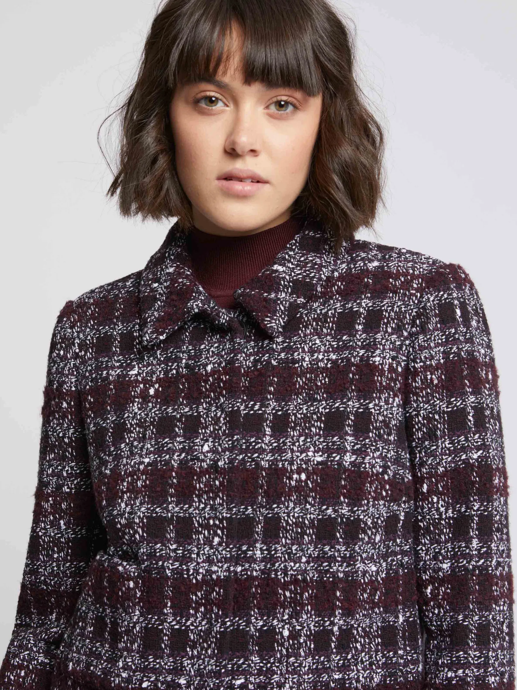 Women Paule Ka Jackets>Cropped Burgundy Tweed Jacket With Collar