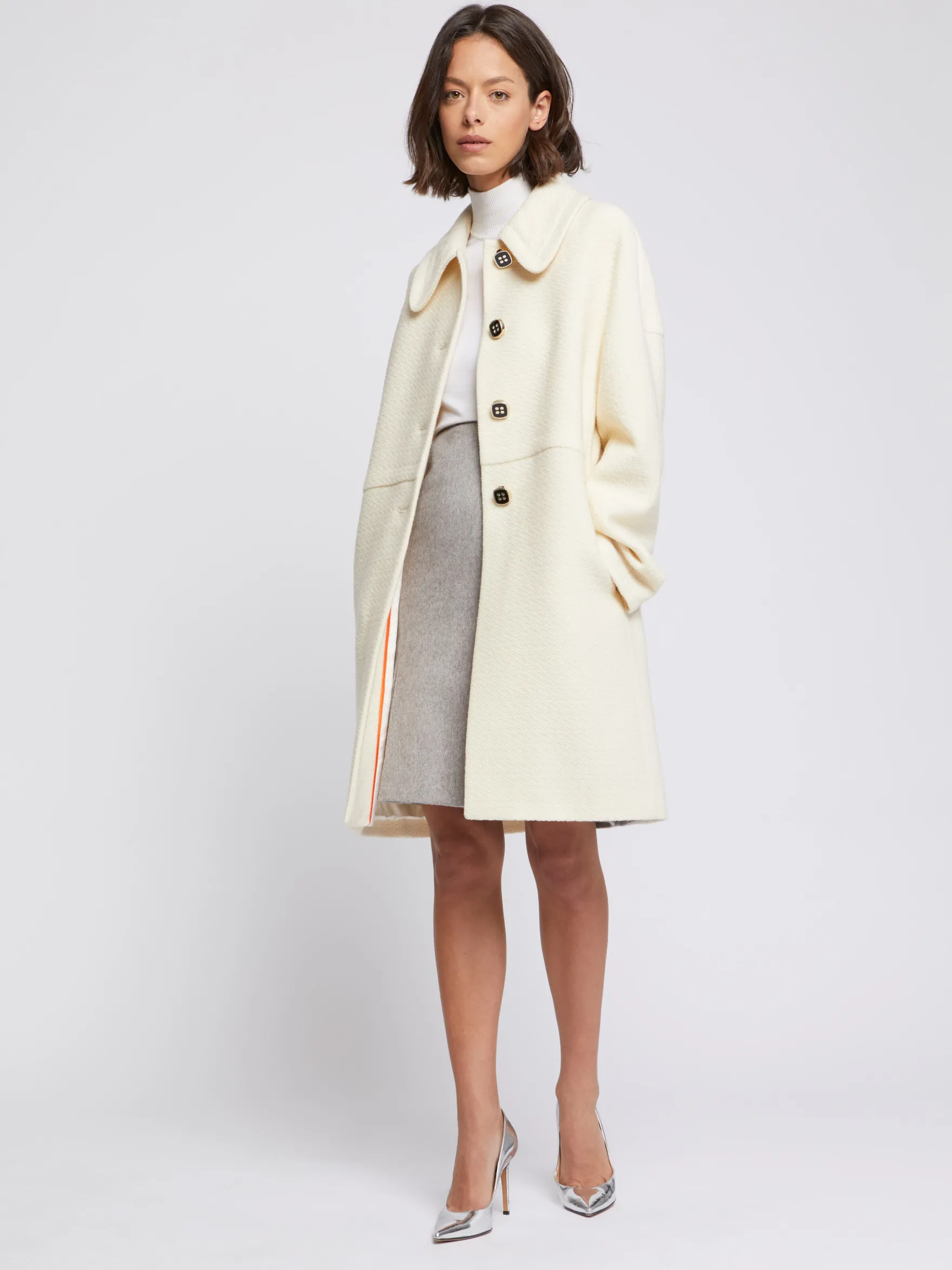 Women Paule Ka Coats>Embossed Wool Coat With Peter Pan Collar