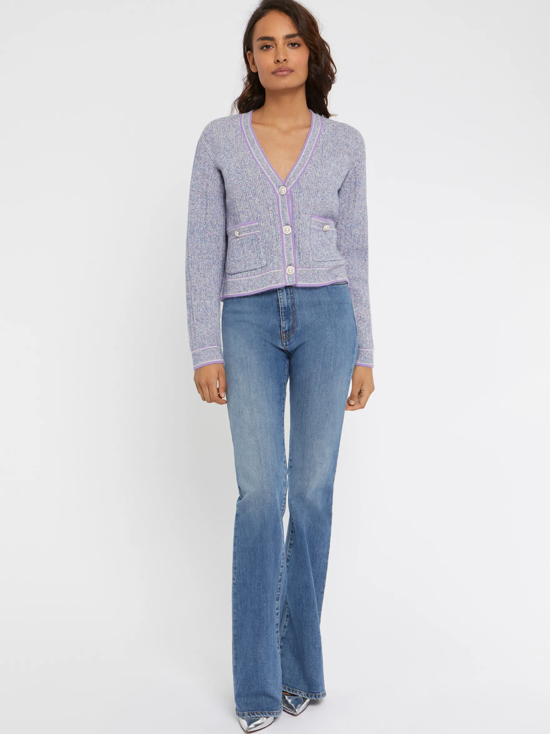 Women Paule Ka Knitwear>Mouline-Knit Cardigan With Pearl-Effect Buttons