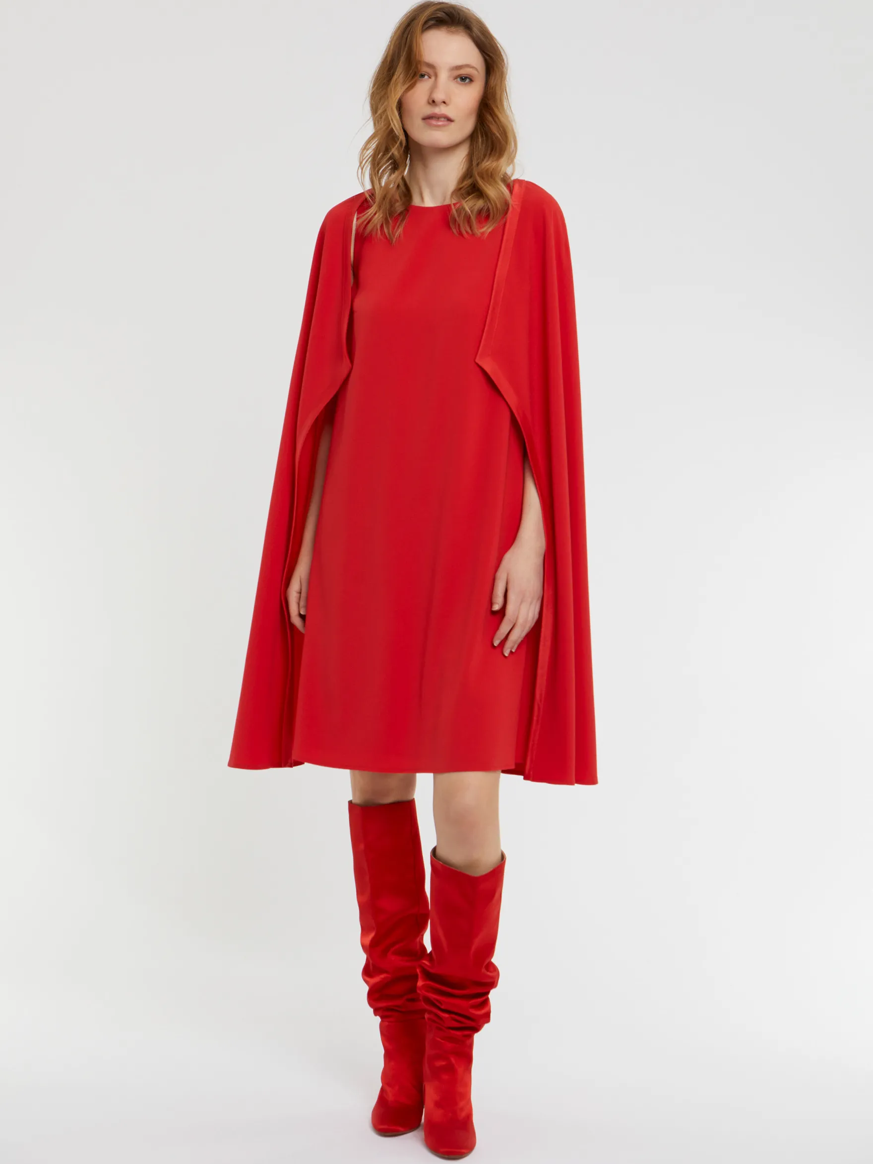 Women Paule Ka Dresses>Satin-Back Crepe Cape Dress