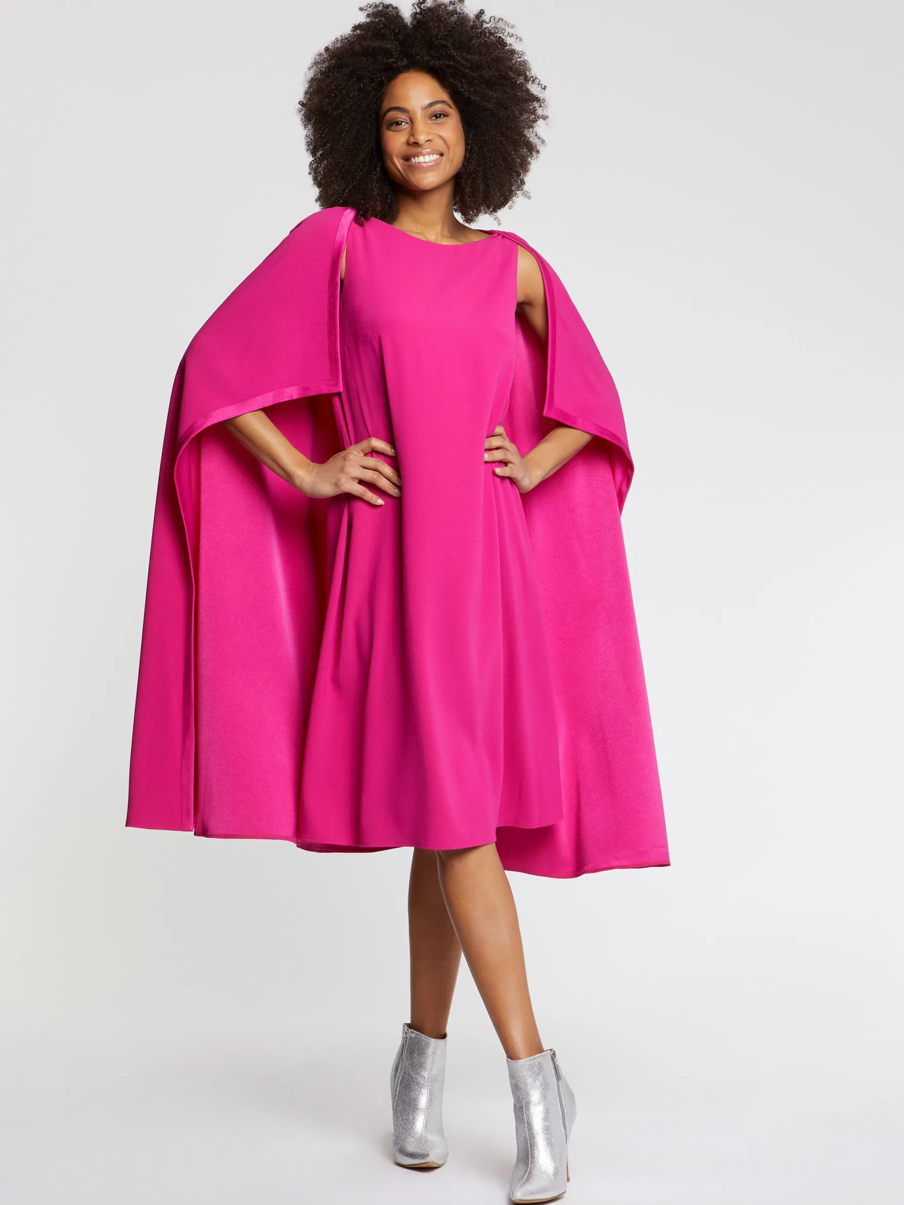 Women Paule Ka Dresses>Satin-Back Crepe Cape Dress