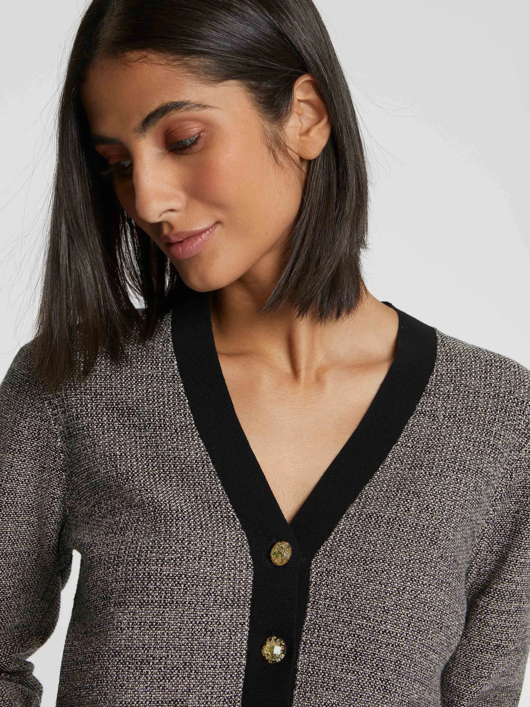 Women Paule Ka Knitwear>Tweed Cardigan With Ornate Button