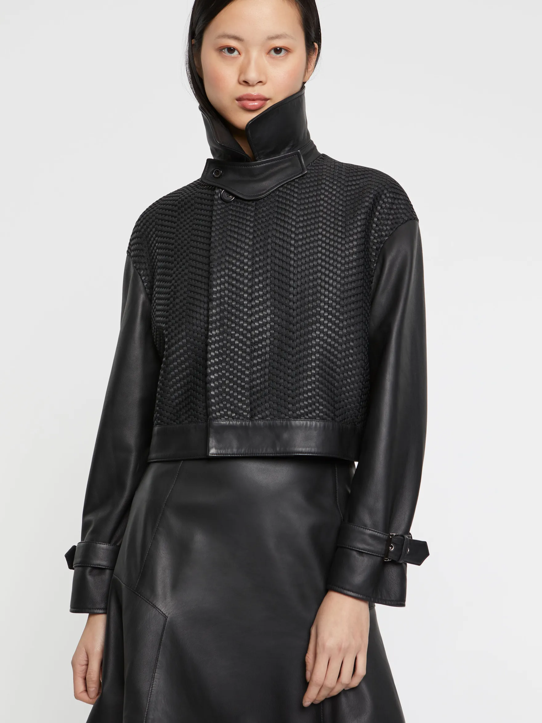 Women Paule Ka Jackets>Woven Leather Jacket