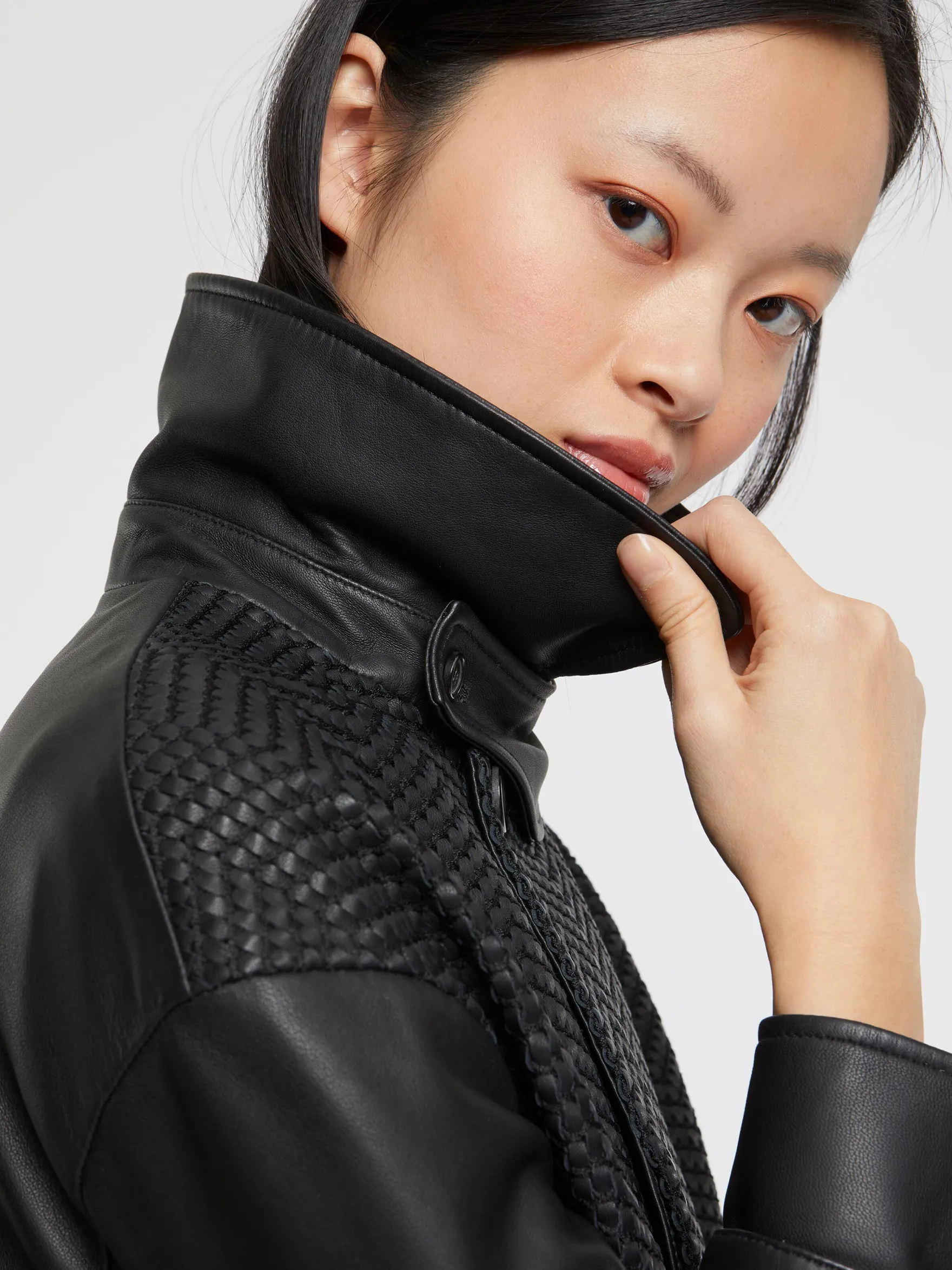 Women Paule Ka Jackets>Woven Leather Jacket